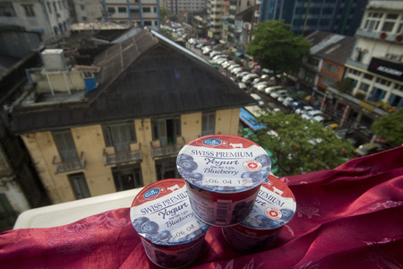 a swiss emmi jogurt in the china town in the City of Yangon in Myanmar in Southeastasia.のeditorial素材