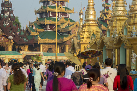 people on a ceremony at the Shwedagon Paya Pagoda in the City of Yangon in Myanmar in Southeastasia.のeditorial素材