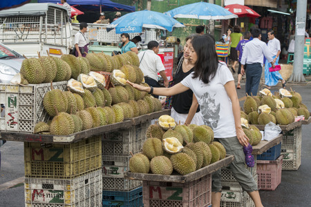 a durian fruit shop in a road in the china town in the City of Yangon in Myanmar in Southeastasia.のeditorial素材