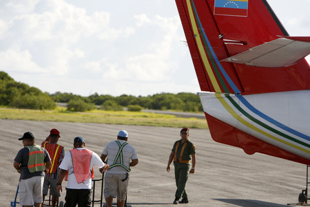 the airport on  the Beach in the village on the Gran Roque Island at the Los Roques Islands in the caribbean sea of Venezuela.のeditorial素材