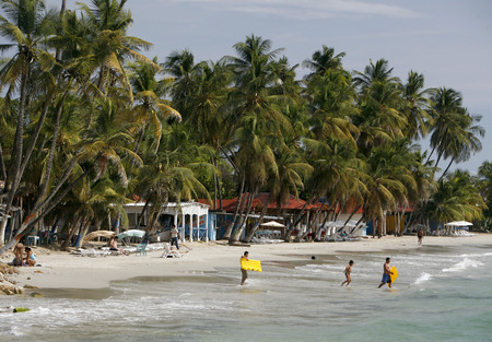 the beach of the town of Pampatar on the Isla Margarita in the caribbean sea of Venezuela.のeditorial素材