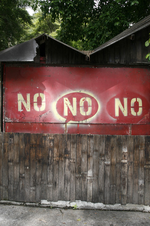 signs with n no no in the old town of the mountain village of Trujillo in the west of Venezuela.のeditorial素材