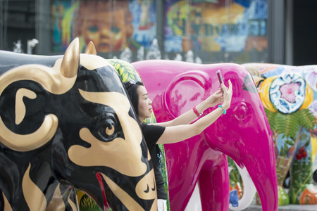 people take pictures at a art Elephant Parade at the Siam Square in the city of Bangkok in Thailand in Southeastasia.のeditorial素材