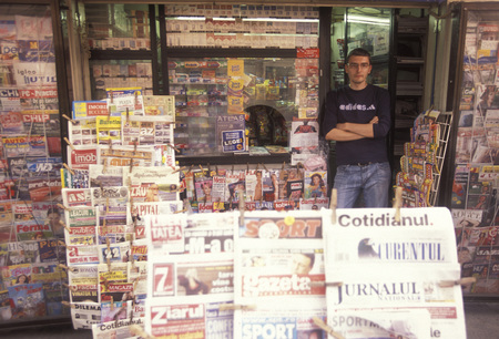 a kiosk or newspaper shop in the city of Bucharest in Romania in east europe.のeditorial素材