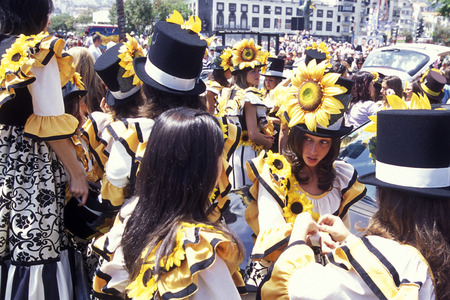 a parade of the Spring Flower Festival in the city of Funchal on the Island of Madeira in the Atlantic Ocean of Portugal.のeditorial素材