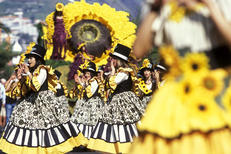 a parade of the Spring Flower Festival in the city of Funchal on the Island of Madeira in the Atlantic Ocean of Portugal.のeditorial素材