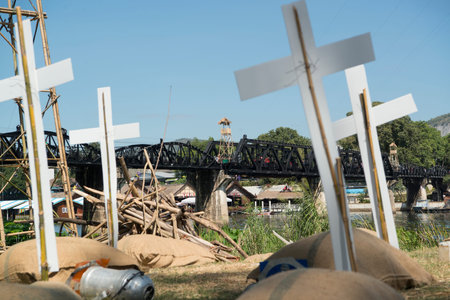the Death Railway Bridge over the River Kwai of the Burma-Thailand Railway in the City of Kanchanaburi in Central Thailand in Southeastasia.のeditorial素材