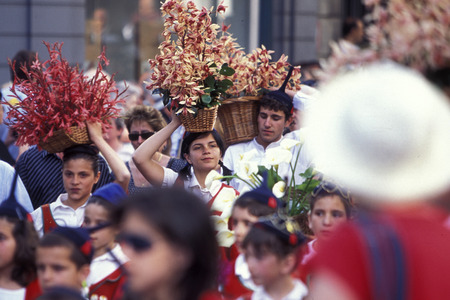 a parade of the Spring Flower Festival in the city of Funchal on the Island of Madeira in the Atlantic Ocean of Portugal.のeditorial素材