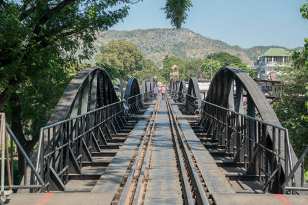 the Death Railway Bridge over the River Kwai of the Burma-Thailand Railway in the City of Kanchanaburi in Central Thailand in Southeastasia.のeditorial素材