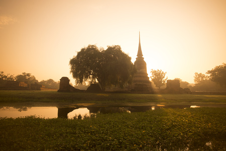 a temple in the landscape of the Historical park in the city of Ayutthaya north of bangkok in Thailand in southeastasia.の写真素材