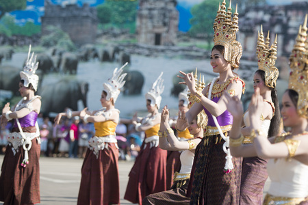 traditional Thai Dance at the Elephant Square in the city centre of Surin at the Elephant Round-up Festival in the city of Surin in Northeastern Thailand in Southeastasia.のeditorial素材