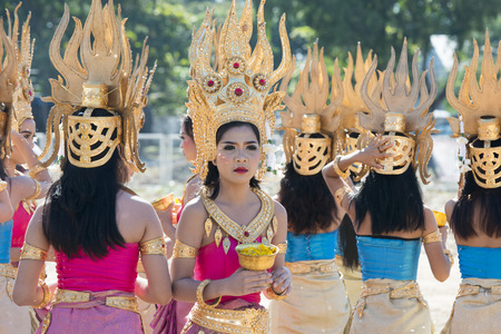 Traditional Thai Dance Girls at the Elephant Round-up Festival in the city of Surin in Northeastern Thailand in Southeastasia.のeditorial素材