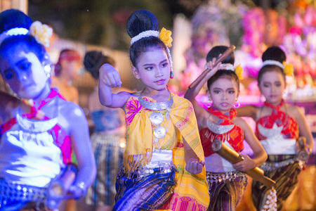 Traditional Thai Dance Girls at the Elephant Round-up Festival in the city of Surin in Northeastern Thailand in Southeastasia.のeditorial素材