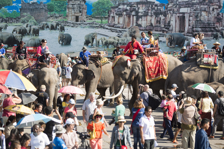 Elephants and People at the Elephant Square in the city centre of Surin at the Elephant Round-up Festival in the city of Surin in Northeastern Thailand in Southeastasia.のeditorial素材