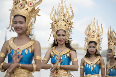 Traditional Thai Dance Girls at the Elephant Round-up Festival in the city of Surin in Northeastern Thailand in Southeastasia.のeditorial素材