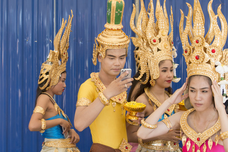 Traditional Thai Dance Girls at the Elephant Round-up Festival in the city of Surin in Northeastern Thailand in Southeastasia.のeditorial素材