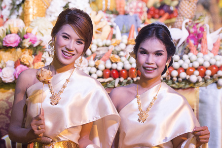 Traditional Thai Dance Girls at the Elephant Round-up Festival in the city of Surin in Northeastern Thailand in Southeastasia.のeditorial素材