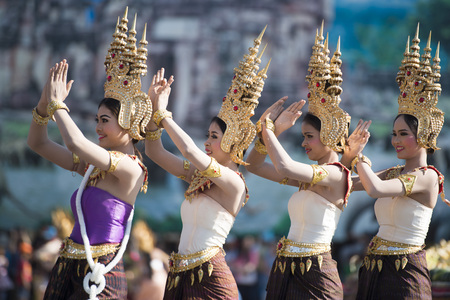traditional Thai Dance at the Elephant Square in the city centre of Surin at the Elephant Round-up Festival in the city of Surin in Northeastern Thailand in Southeastasia.のeditorial素材