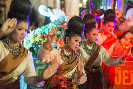 Traditional Thai Dance Girls at the Elephant Round-up Festival in the city of Surin in Northeastern Thailand in Southeastasia.のeditorial素材