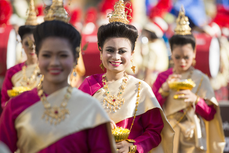 traditional Thai Dance at the Elephant Square in the city centre of Surin at the Elephant Round-up Festival in the city of Surin in Northeastern Thailand in Southeastasia.のeditorial素材