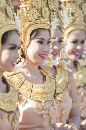 traditional Thai Dance at the Elephant Square in the city centre of Surin at the Elephant Round-up Festival in the city of Surin in Northeastern Thailand in Southeastasia.のeditorial素材