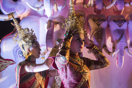 traditional dresst people at the night parade at the Loy Krathong Festival in the city of Chiang Mai in North Thailand in Thailand in southeastasia.のeditorial素材