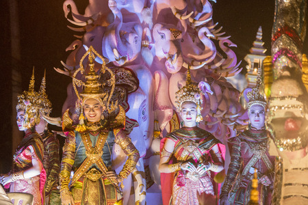 traditional dresst people at the night parade at the Loy Krathong Festival in the city of Chiang Mai in North Thailand in Thailand in southeastasia.のeditorial素材