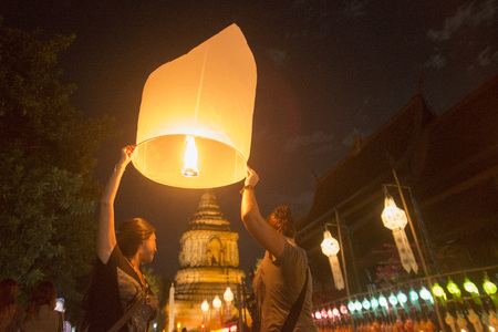 lanterns at the Wat Lokmoli Temple at the Loy Krathong Festival in the city of Chiang Mai in North Thailand in Thailand in southeastasia.のeditorial素材