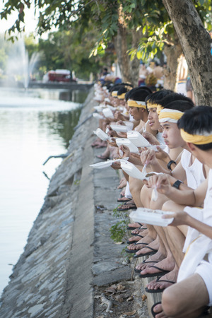 traditional dresst people at the night parade at the Loy Krathong Festival in the city of Chiang Mai in North Thailand in Thailand in southeastasia.のeditorial素材