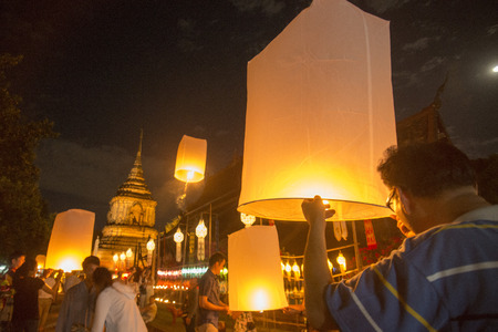 lanterns at the Wat Lokmoli Temple at the Loy Krathong Festival in the city of Chiang Mai in North Thailand in Thailand in southeastasia.のeditorial素材