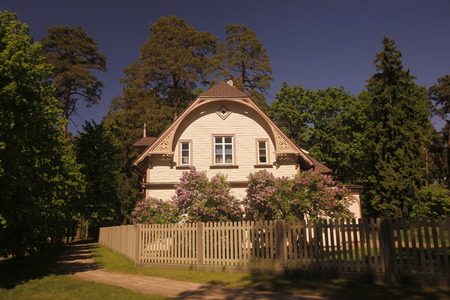 a wood house and villa in the town of jurmala east of the city of Riga in latvia in the baltic region in europe.のeditorial素材