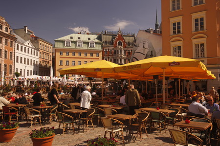 a street in the old town in the city of riga in latvia in the baltic region in europe.のeditorial素材