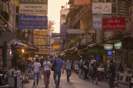 the Road at dusk in the China Town in the city of Bangkok on 3.11.2016 in Thailandのeditorial素材