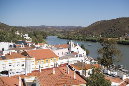 the town Alcoutim in Portugal at the river Rio Guadiana on the Border of portugal and Spain at the east Algarve in the south of Portugal in Europe.の写真素材