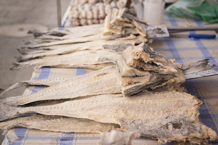 the fishmarket in the Markethall in the town of Loule in the Algarve in the south of Portugal in Europe.の写真素材