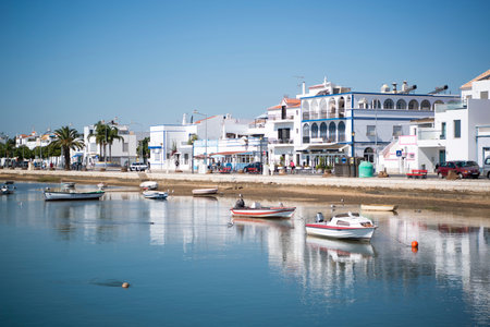 the landscape and coast at the town of Santa Luzia in the Algarve in the south of Portugal in...