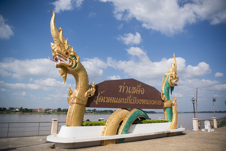 a Phayanak or Naga Statue at the mekong river in the town of Nong Khai in Isan in north east Thailandのeditorial素材