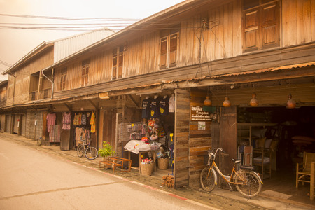 old wood houses in the old town of Chiang Khan in Isan in north east Thailandのeditorial素材