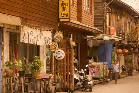 old wood houses in the old town of Chiang Khan in Isan in north east Thailandのeditorial素材