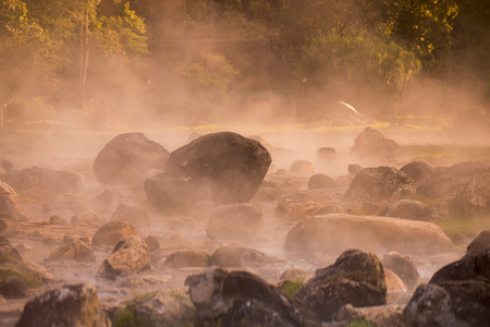 the hot springs in the nationalpark of Chae Son or Jaesorn north of the city of Lampang in North Thailand.の写真素材