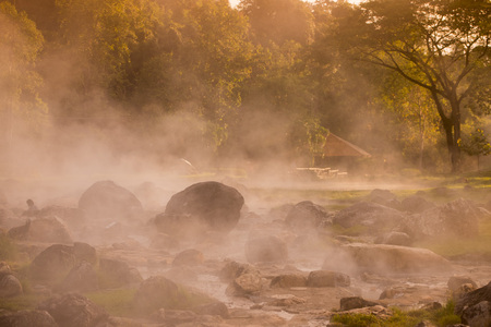 the hot springs in the nationalpark of Chae Son or Jaesorn north of the city of Lampang in North Thailand.の写真素材