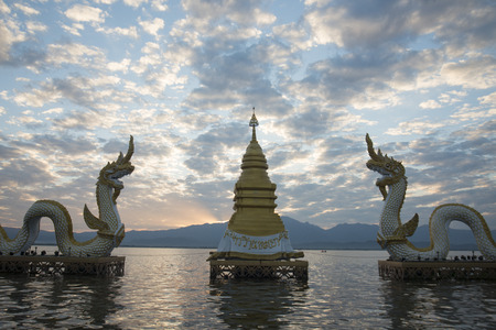 the phayanak or Naga Statue in the landscape at the lake of Kwan Phayao in the city of Phayao in North Thailand.の写真素材