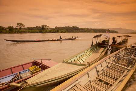 the boat pier at the landscape of the mekong river at the town of Chiang khong the north of the provinz Chiang Rai in North Thailand.のeditorial素材
