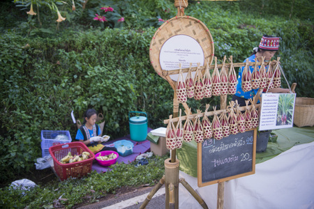a traditional Foodstreet market shop at the Mae Fah Luang ornamental garden at the village of  Doi Tung north of the city of Chiang Rai in North Thailand.のeditorial素材