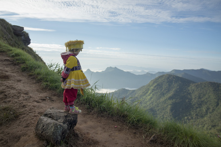 childern of the Hill Tribe of Hmong enjoy at the Cliff of Phu Chi Fa in the Chiang Rai Province in North Thailand.のeditorial素材