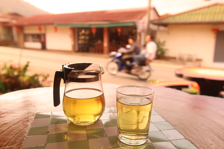 tea in Teashop at the tea plantation at the town of Mae Salong north of the city Chiang Rai in North Thailand.のeditorial素材