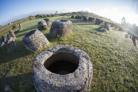 the plain of jars sit1 in the morning near the town of Phonsavan in the province Xieng Khuang in north Lao in southeastasia.の写真素材
