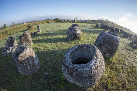 the plain of jars sit1 in the morning near the town of Phonsavan in the province Xieng Khuang in north Lao in southeastasia.の写真素材