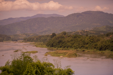 the landscape of the mekong river at the town of Chiang khong the north of the provinz Chiang Rai in North Thailand.の写真素材