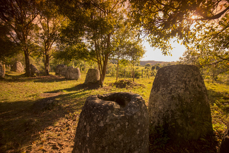 the plain of jars site 3 in the morning near the town of Phonsavan in the province Xieng Khuang in north Lao in southeastasia.の写真素材